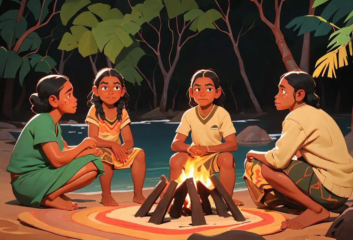 Happy Indigenous Australian family sitting around a campfire, wearing traditional clothing, surrounded by beautiful natural scenery..