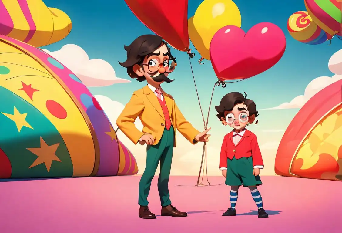 Two mischievous children with oversized glasses and fake mustaches, dressed in mismatched clothes, standing in front of a colorful circus backdrop..