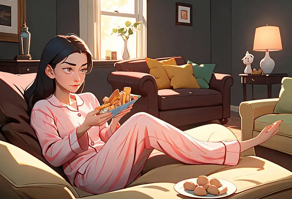 A cozy living room scene with a person in pajamas, surrounded by snacks, enjoying a guilt-free day of relaxation.