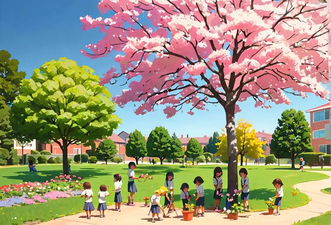 A diverse group of children wearing gardening gloves, planting trees in a sunny schoolyard, surrounded by colorful blooming flowers..