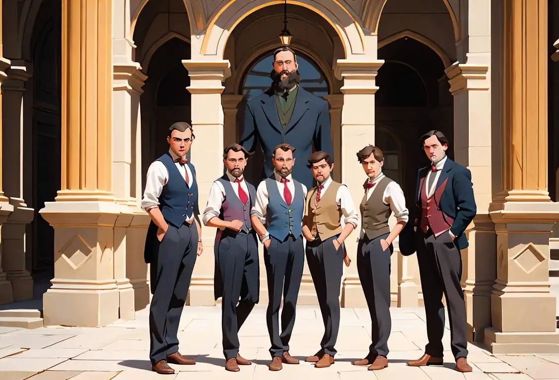 A group of diverse individuals in waistcoats, posing outside a historical building, showcasing various patterns and styles, with a touch of elegance and charm..