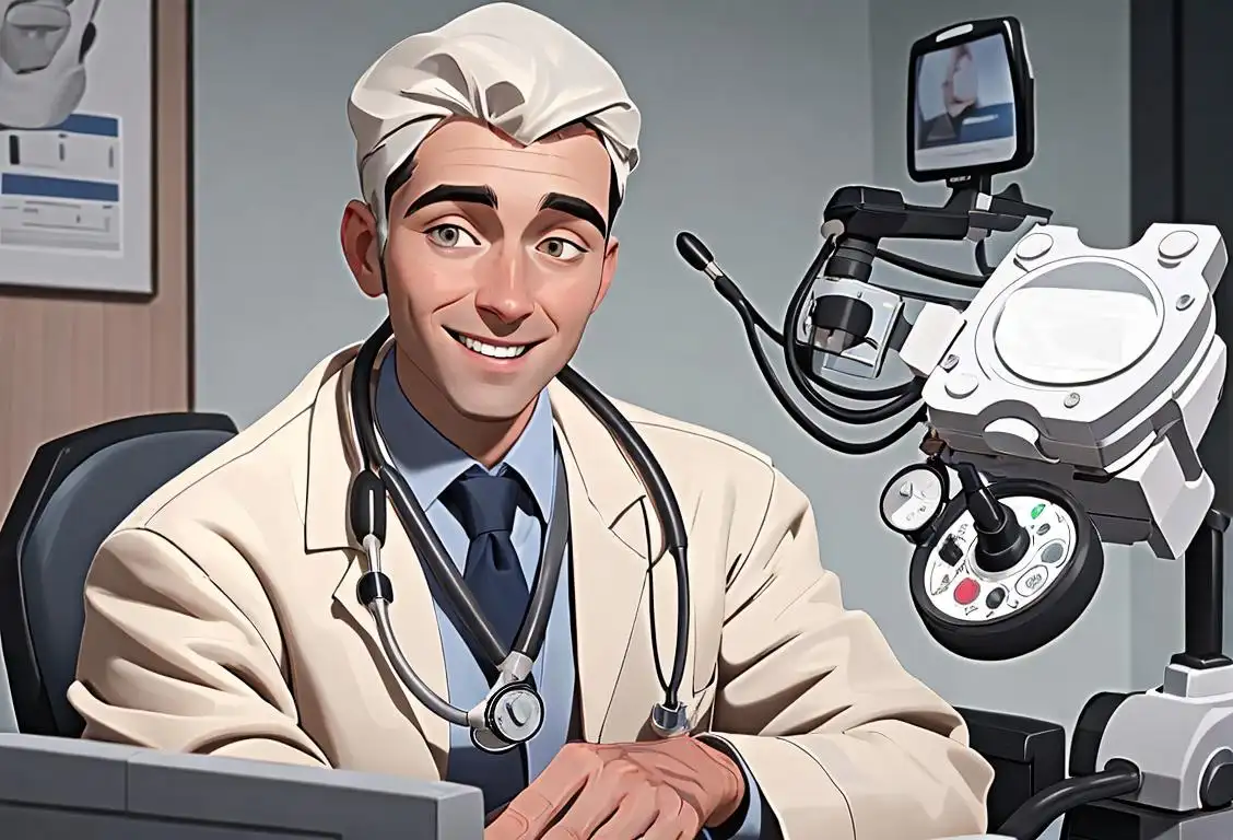 Young foundation doctor holding a stethoscope, wearing a white coat and a broad smile, hospital setting, surrounded by medical equipment..