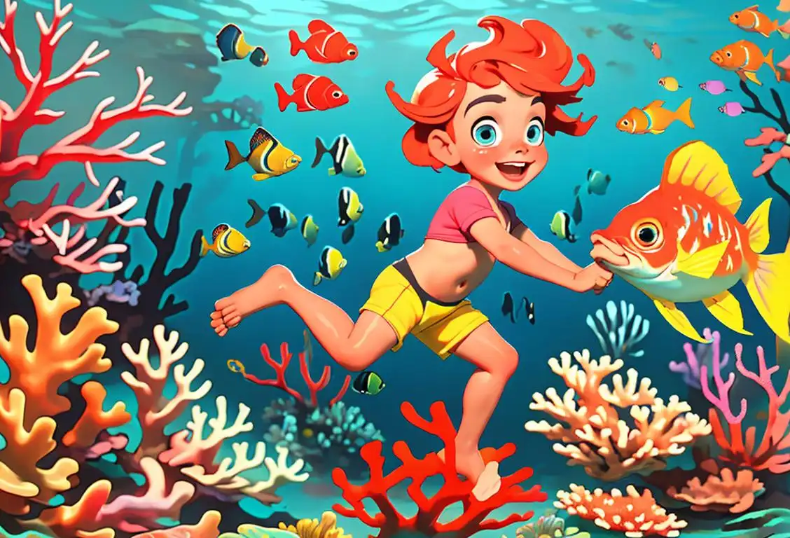Cheerful child holding a fish, vibrant underwater scene with divers, colorful swimwear, and beautiful coral reef backdrop..
