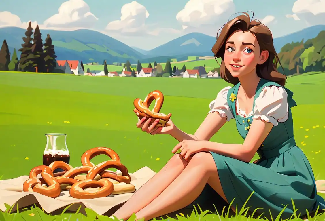 Young woman enjoying a German-themed picnic with pretzels, dirndl dress, Bavarian countryside background..