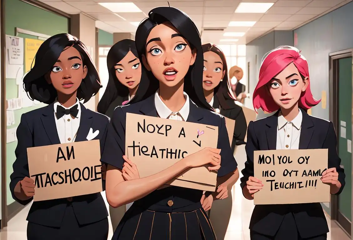 A group of diverse students, dressed in fashionable attire, holding up signs with heartfelt messages for their teachers, in a vibrant school hallway..