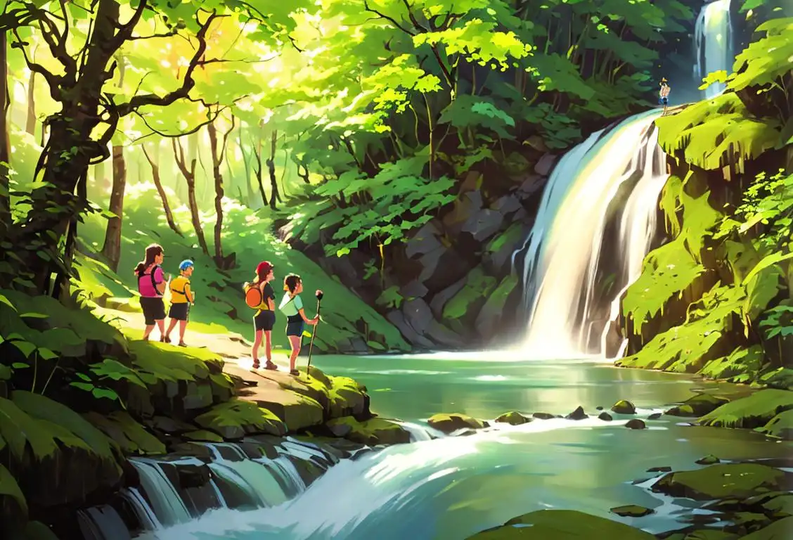 Group of diverse hikers, wearing brightly colored gear, exploring a scenic trail, surrounded by lush forests and a sparkling waterfall.