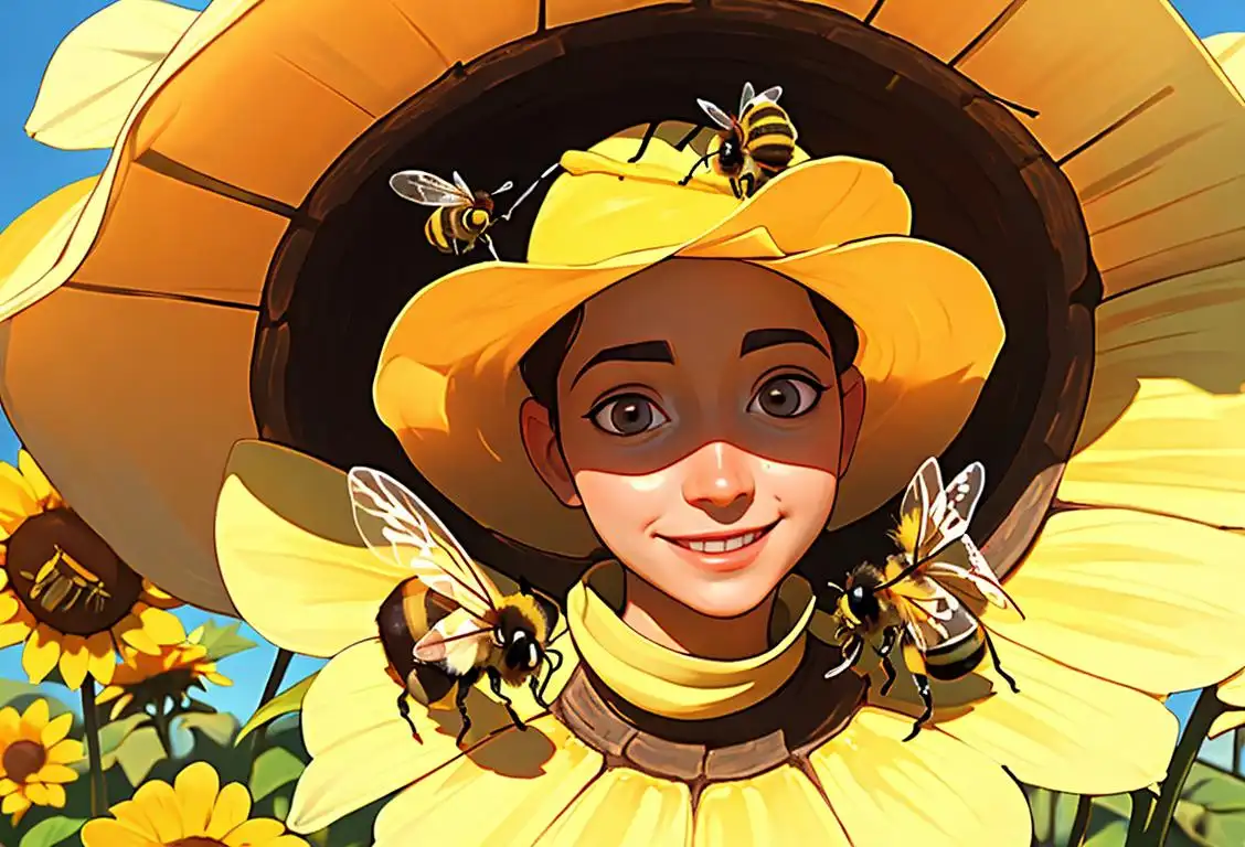 A cheerful person surrounded by blooming flowers, wearing a sun hat, embracing a small bee hive in a picturesque garden..