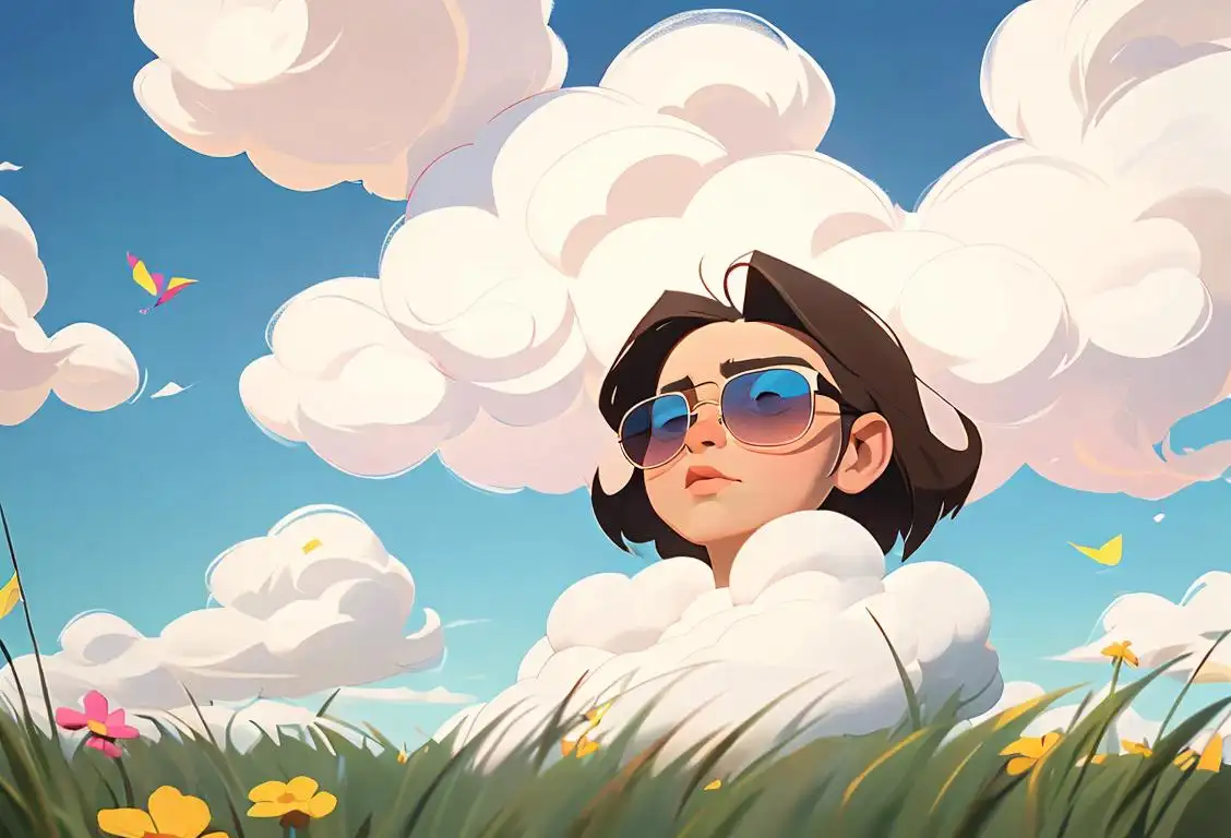 Person lying on grass, looking up at the sky, wearing sunglasses, surrounded by fluffy white clouds and colorful kites..