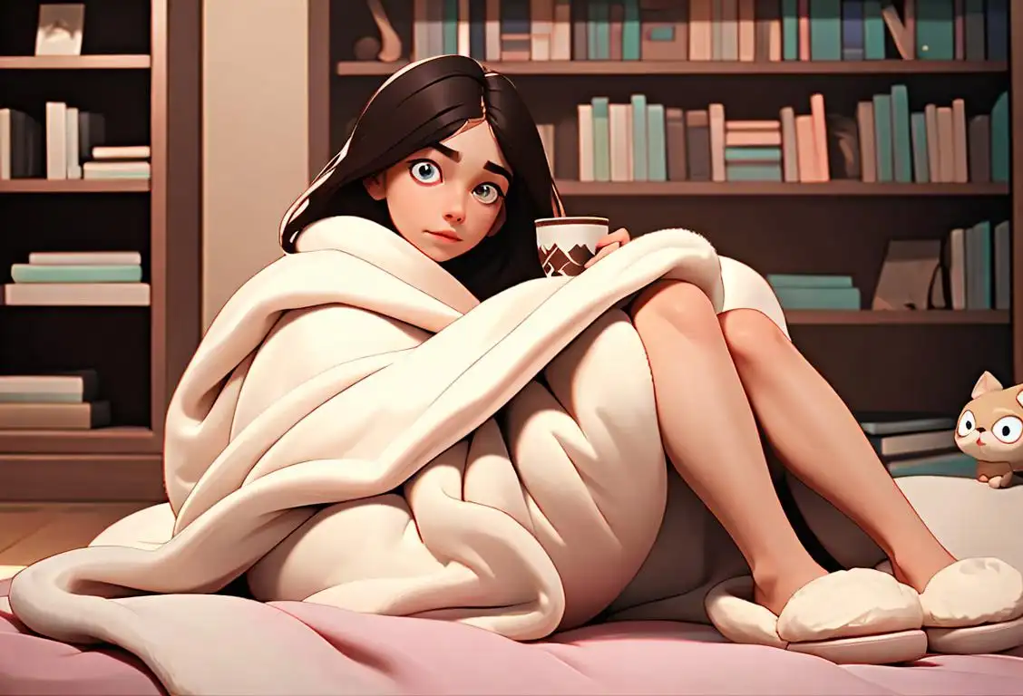 Young woman wrapped in a soft throw blanket, wearing cozy slippers, bookshelves with a cup of hot cocoa nearby..