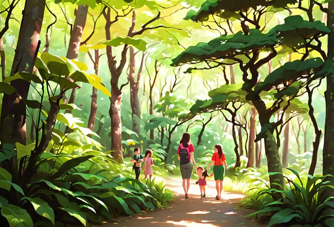 Family hiking through a lush forest, embracing the beauty of nature, wearing colorful outdoorsy clothing, surrounded by diverse wildlife..