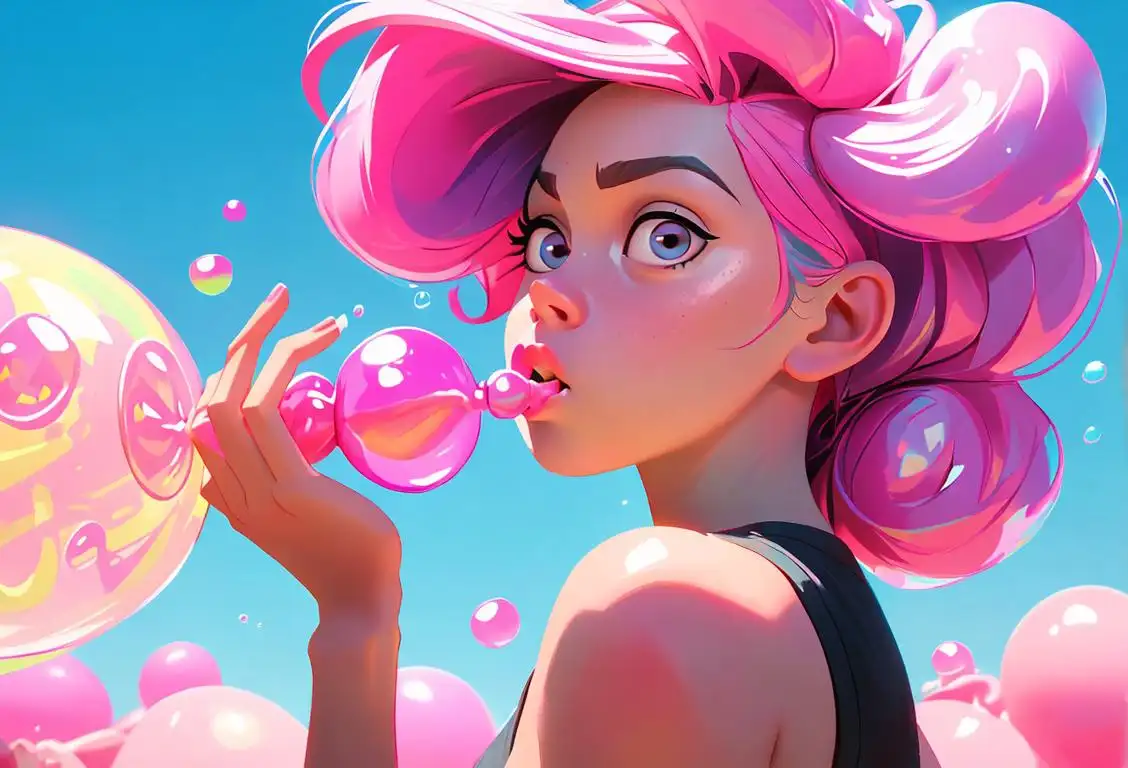 Image prompt for National Bubble Gum Day: Young girl blowing a giant bubble, wearing colorful 80s fashion, playground setting.