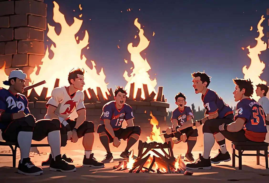 A group of people gathered around a bonfire roasting marshmallows, wearing sports jerseys and caps, with a sports arena in the background..