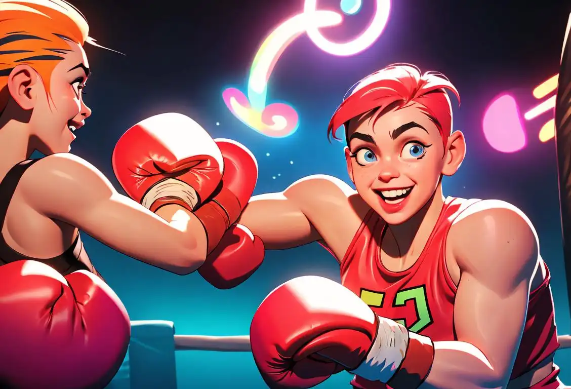 Smiling people in colorful boxing gloves, wearing energetic and quirky outfits, surrounded by a lively and fun-filled atmosphere..