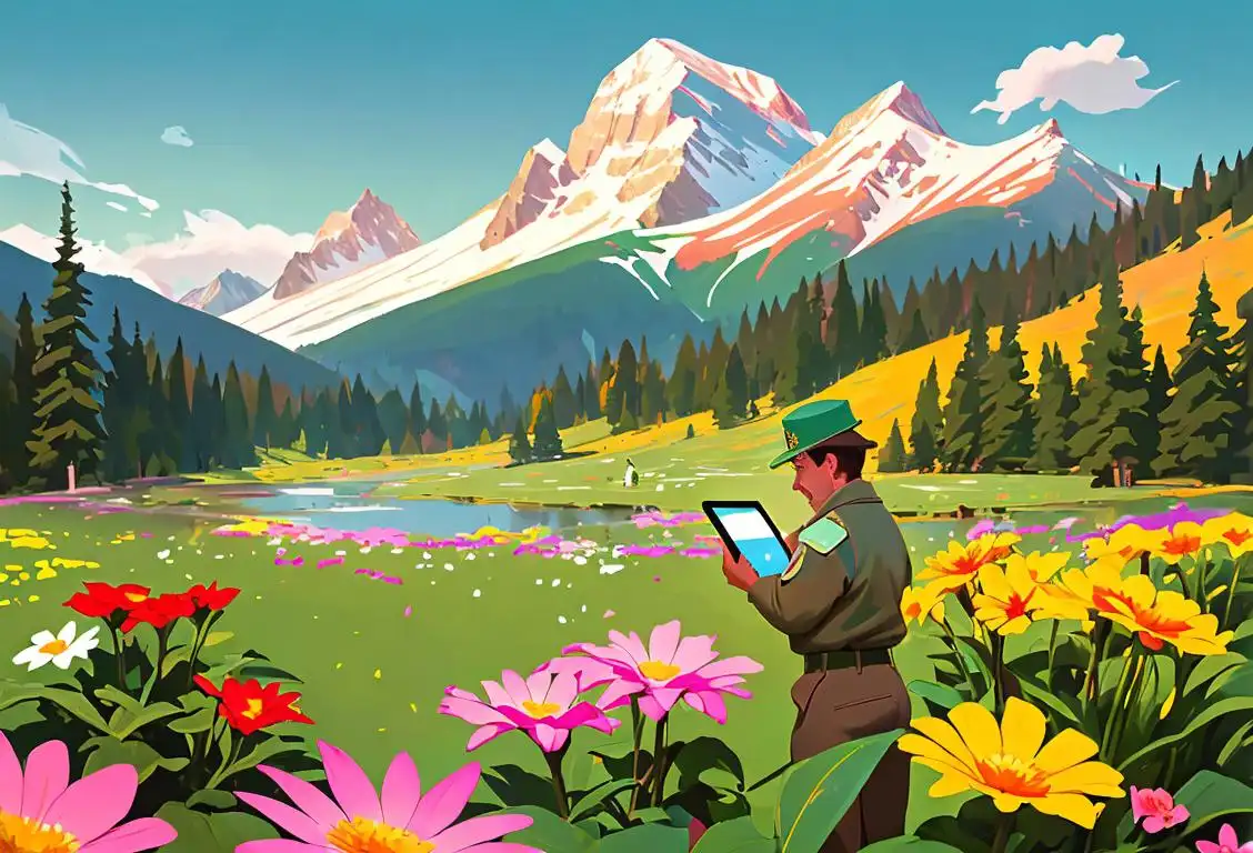 A park ranger holding a tablet and tweeting about climate change, surrounded by blooming flowers and a majestic mountain backdrop..