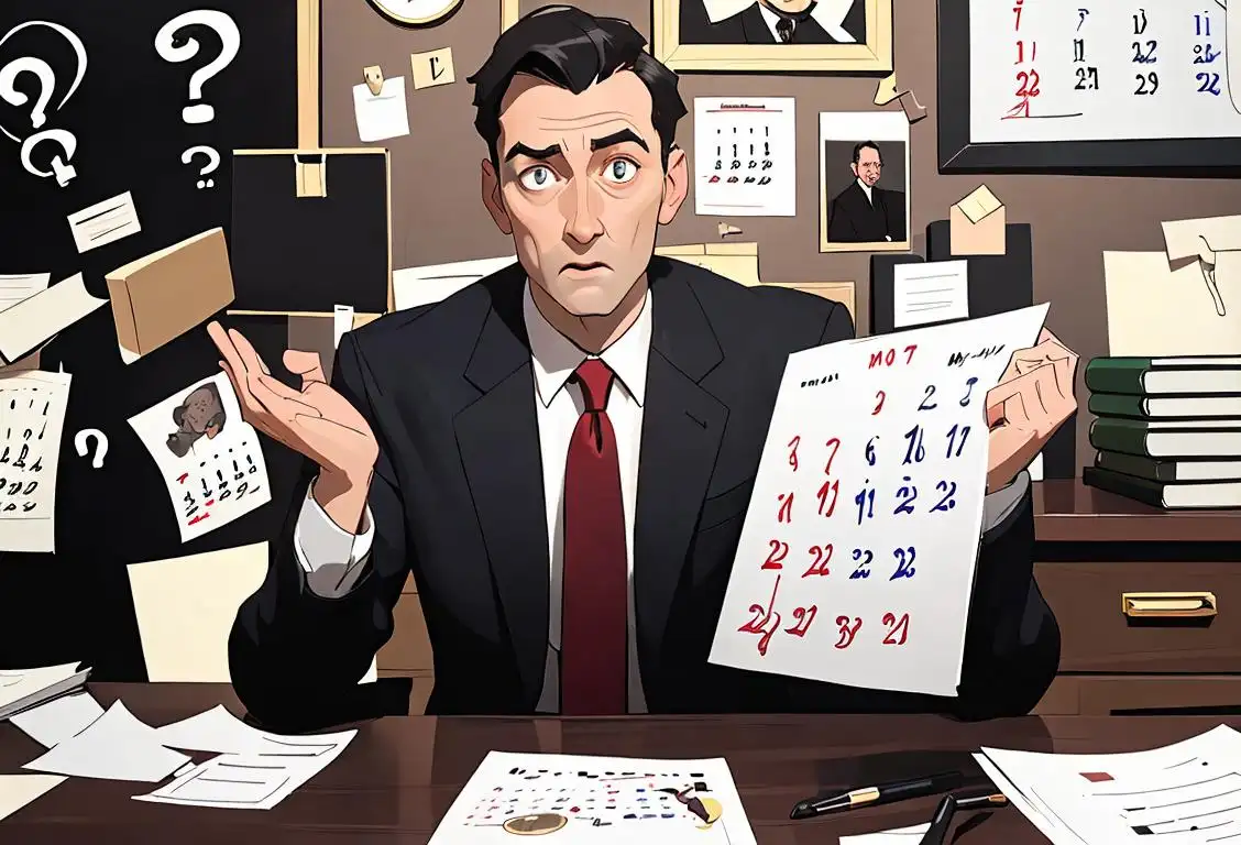 Well-dressed person holding a calendar, surrounded by question marks, in a modern office setting..