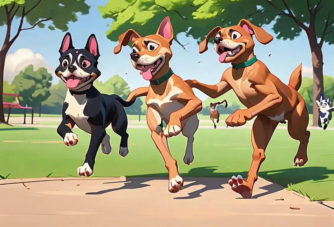 A group of happy dogs of different breeds playing and running outdoors, with children smiling and wearing colorful clothing in a park setting..
