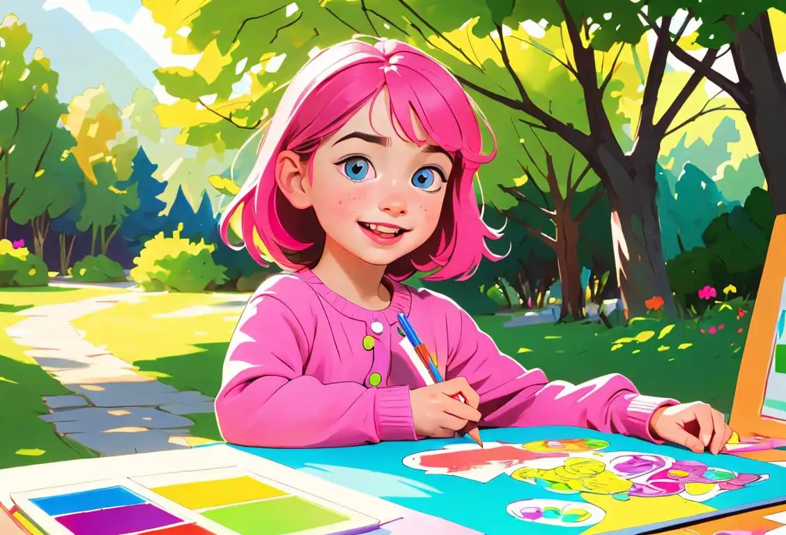 A joyful child coloring a vibrant picture, surrounded by a variety of art supplies and surrounded by nature..