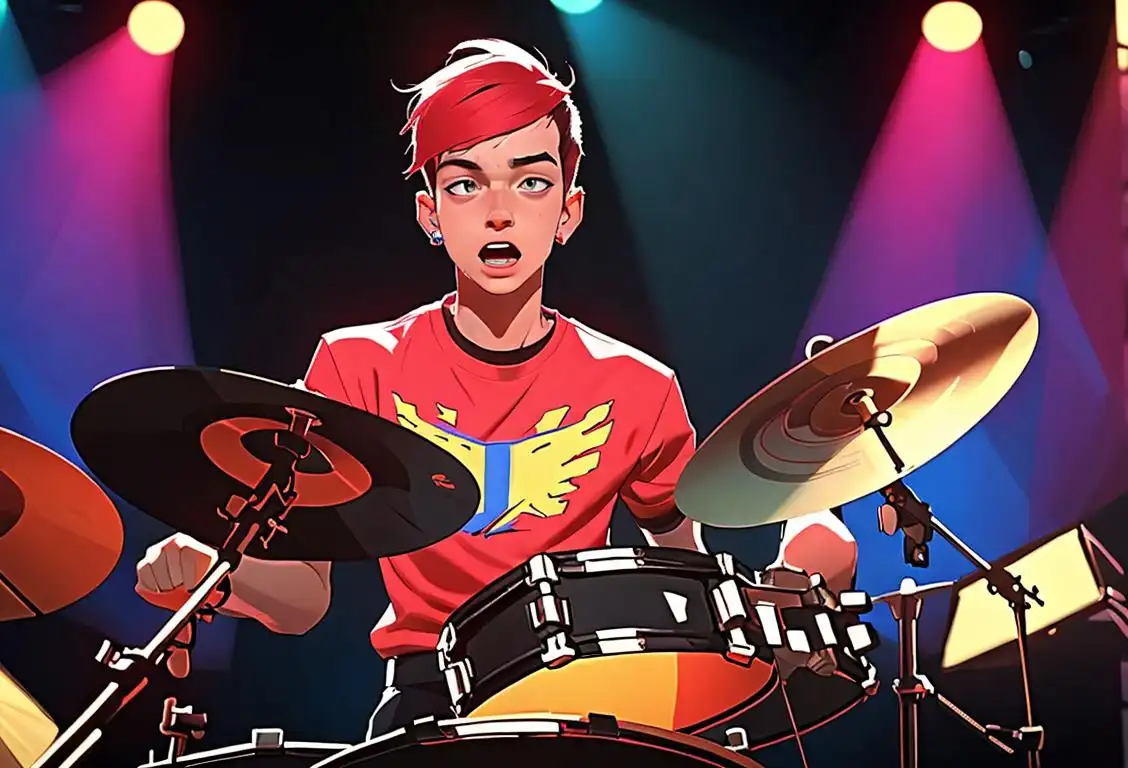 Young man playing the drums energetically, wearing vibrant colored clothes like Joshua Dun from Twenty One Pilots, on a stage with cheering crowd..