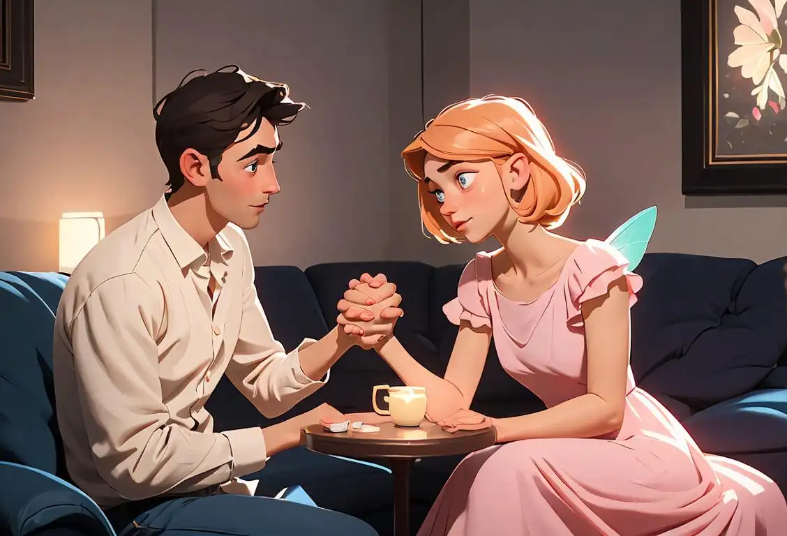 A couple sitting in a cozy living room, holding hands and gazing into each other's eyes. The room is adorned with fairy lights, symbolizing the warmth and magic of National GF/BF Day. The woman is wearing a cute summer dress, while the man is dressed in a casual button-down shirt. In the background, there is a canvas with paintbrushes, signifying the shared passion for artistic expression. This image captures the essence of love, creativity, and togetherness on this delightful day..