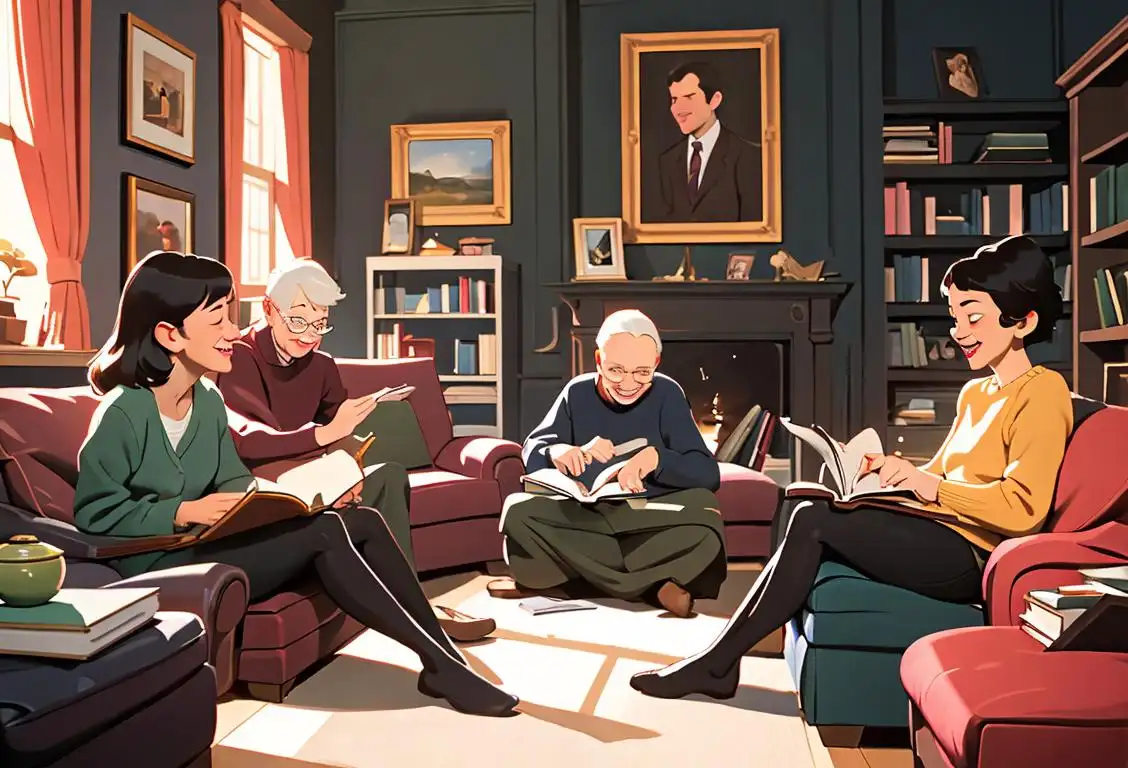Group of diverse friends sitting in a cozy living room, surrounded by books, sharing laughter and stories..