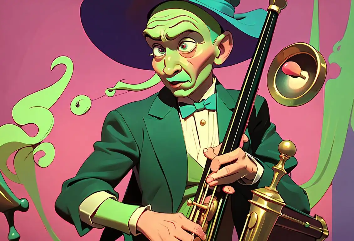 Young musician playing a piccolo, surrounded by colorful musical notes and a whimsical backdrop, wearing a dapper outfit, vintage style..