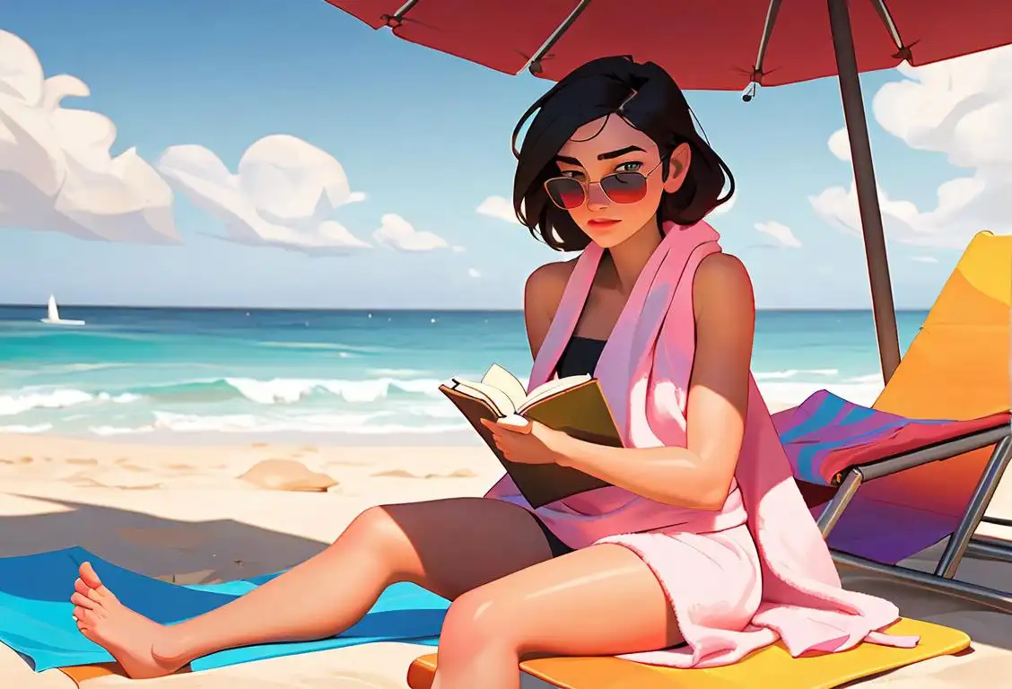 Young woman wrapped in a colorful towel, sitting on a beach chair, with a book and sunglasses nearby..