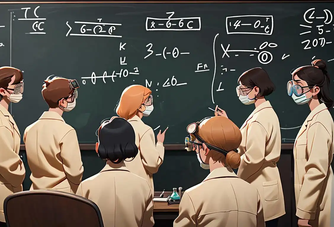 A group of diverse students huddled around a chalkboard, wearing lab coats and safety goggles, surrounded by math equations and science equipment..