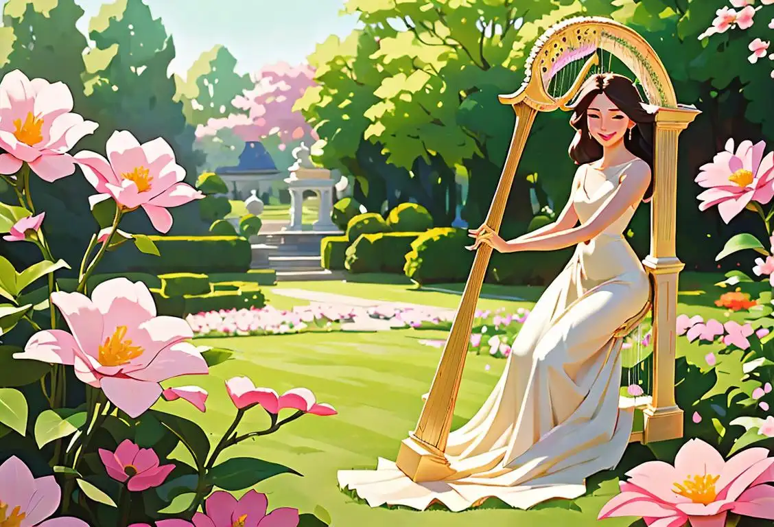 A smiling harpist playing a beautiful harp, dressed in an elegant gown, surrounded by blooming flowers in a serene garden..
