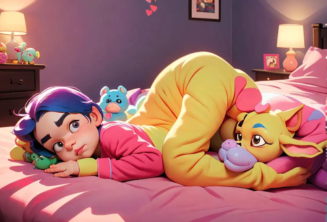 Cute child holding a durg stuffed toy, wearing cozy pajamas, surrounded by a colorful bedroom filled with durg-themed decorations..