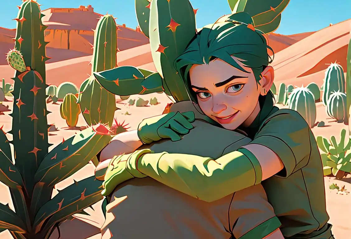Gardening gloves and a brave smile as a person embraces a cactus, surrounded by vibrant desert scenery..