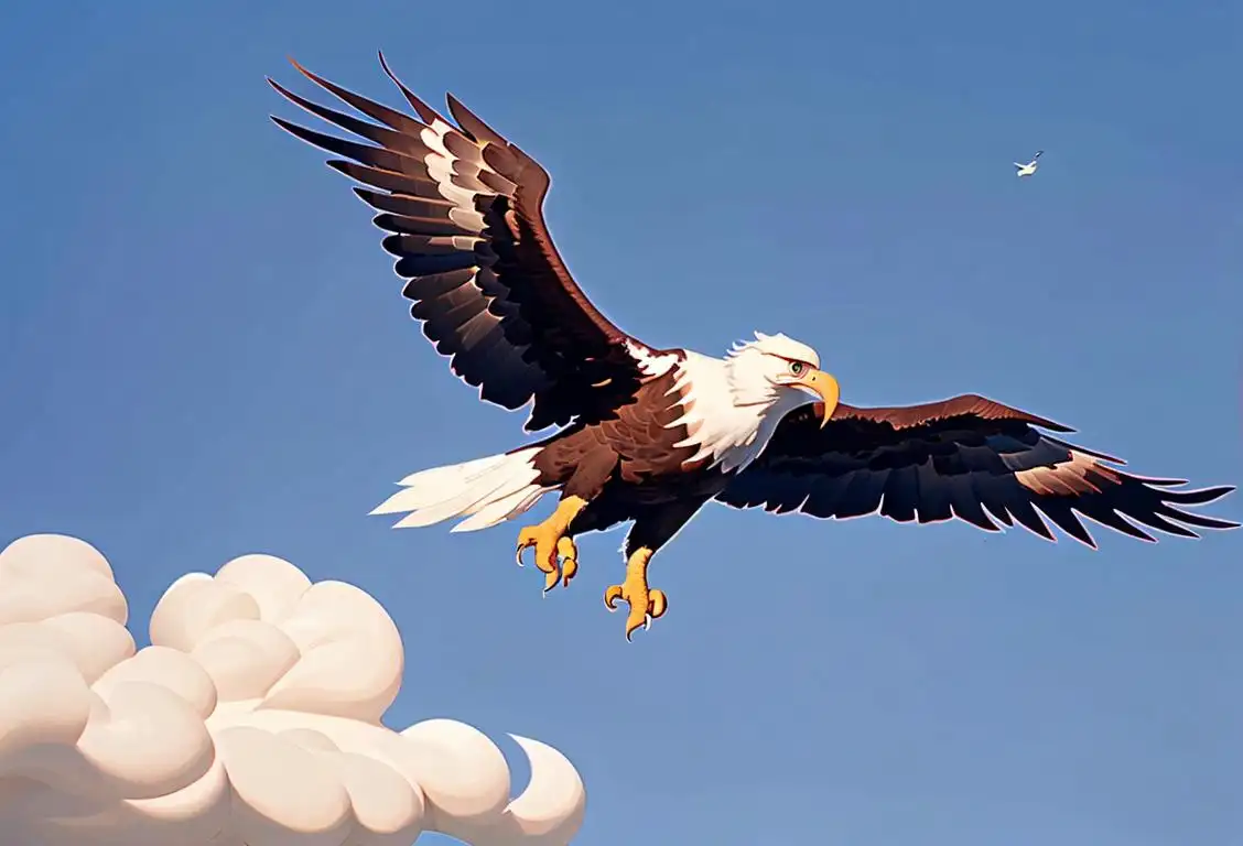 A bald eagle soaring through a blue sky, with a patriotic American flag in the background, wilderness setting..