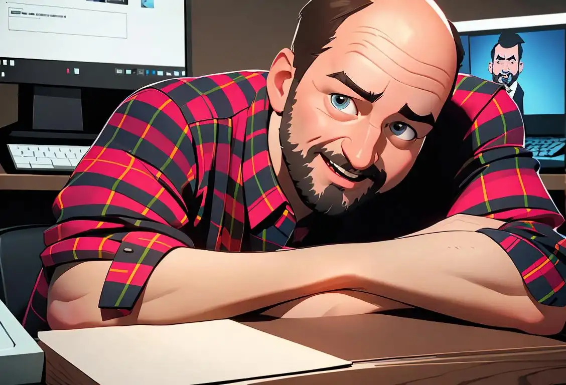 A cheerful man named Dave, wearing a plaid shirt, sitting at a computer surrounded by internet memes and gifs..