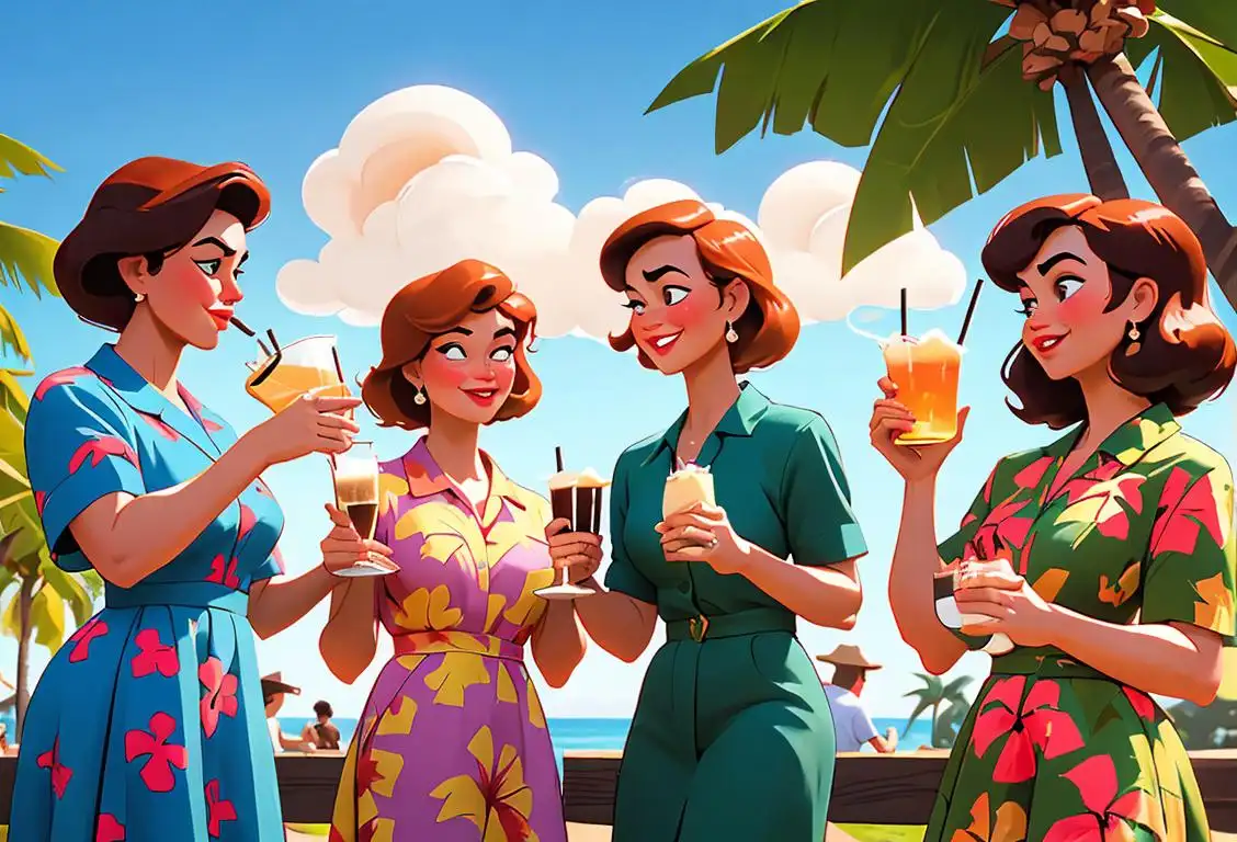 A group of friends raising glasses, one wearing a vintage dress, another in a Hawaiian shirt, and a third holding a frothy mug, celebrating National Beverage Day in a park..