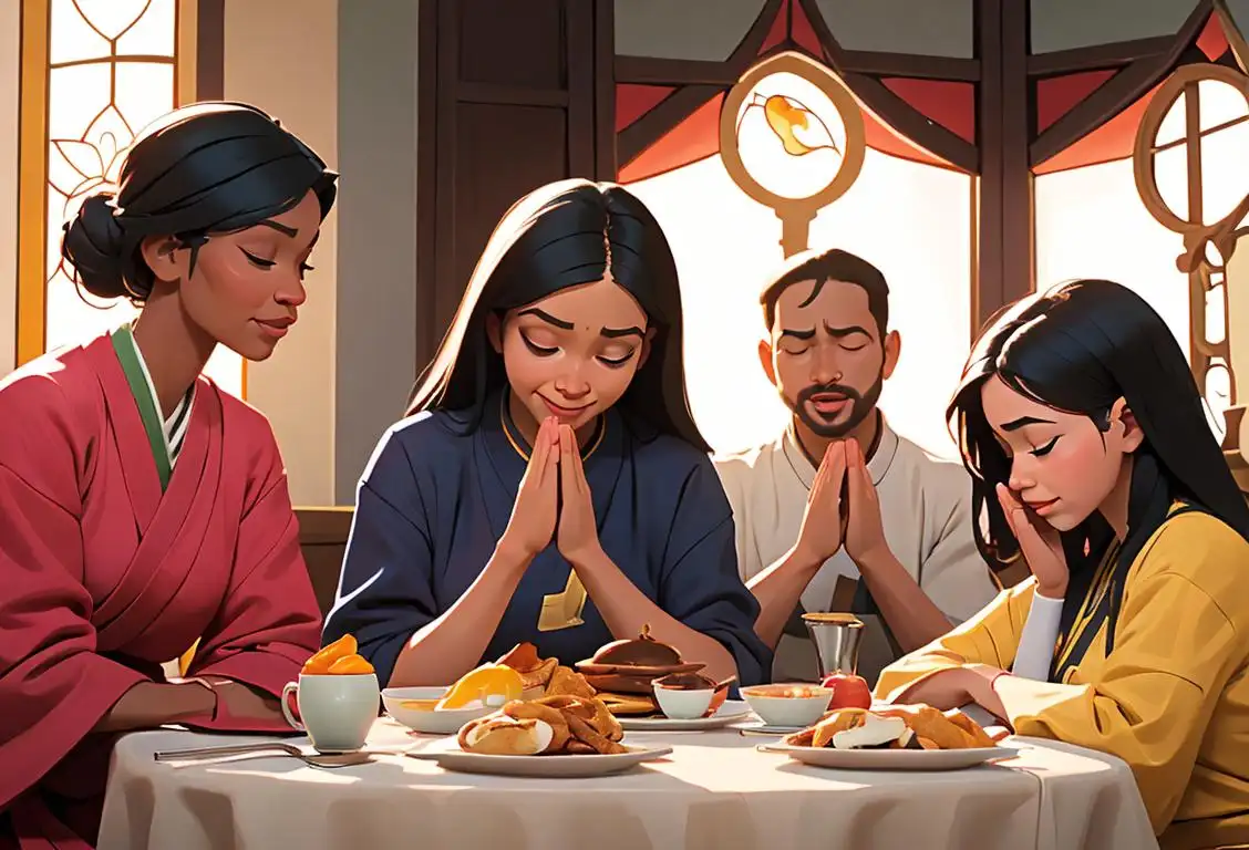 Happy people of diverse backgrounds, wearing different cultural attire, joining hands in prayer over a breakfast table..