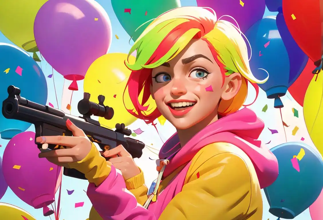 Cheerful person in a colorful outfit, holding a toy gun, amidst a vibrant carnival atmosphere, filled with balloons and confetti..