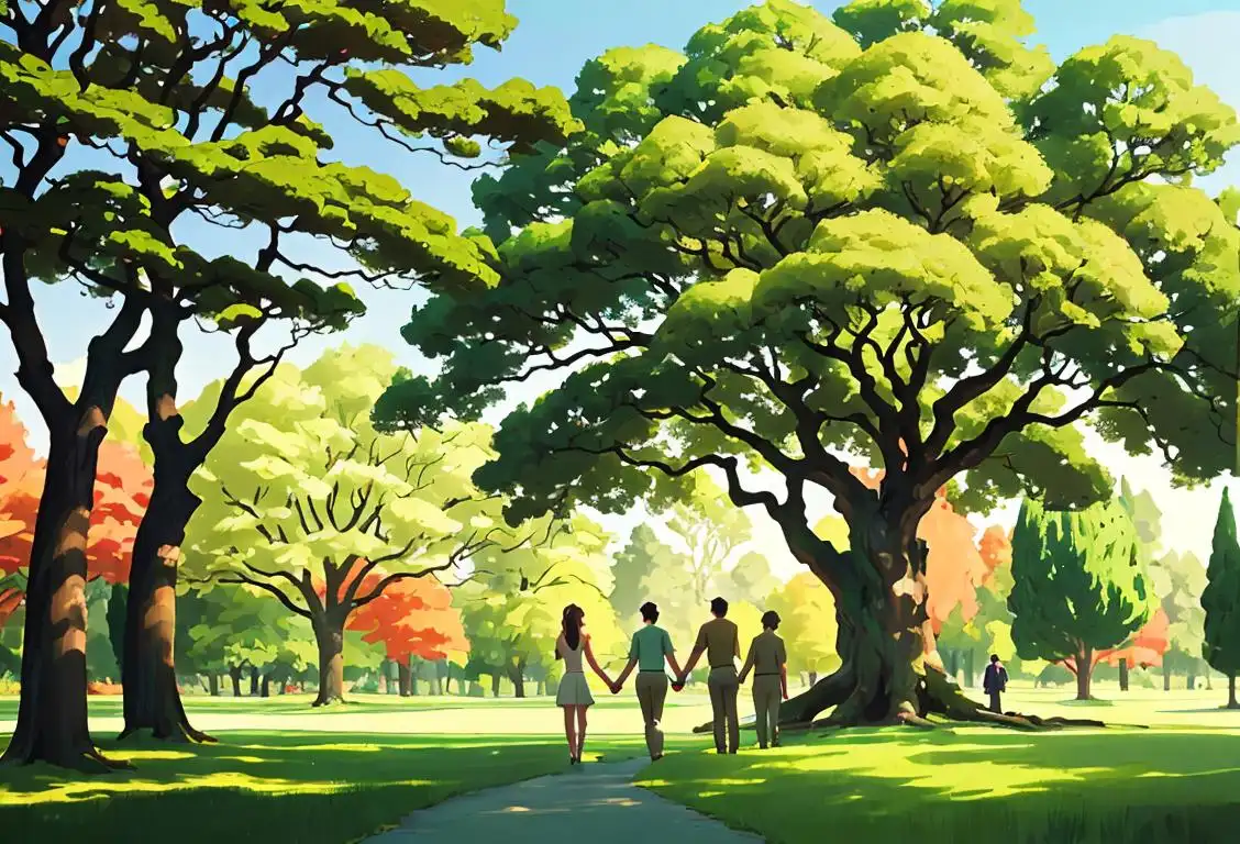 A group of diverse people wearing nature-inspired clothing, holding hands around a majestic tree in a lush green park..