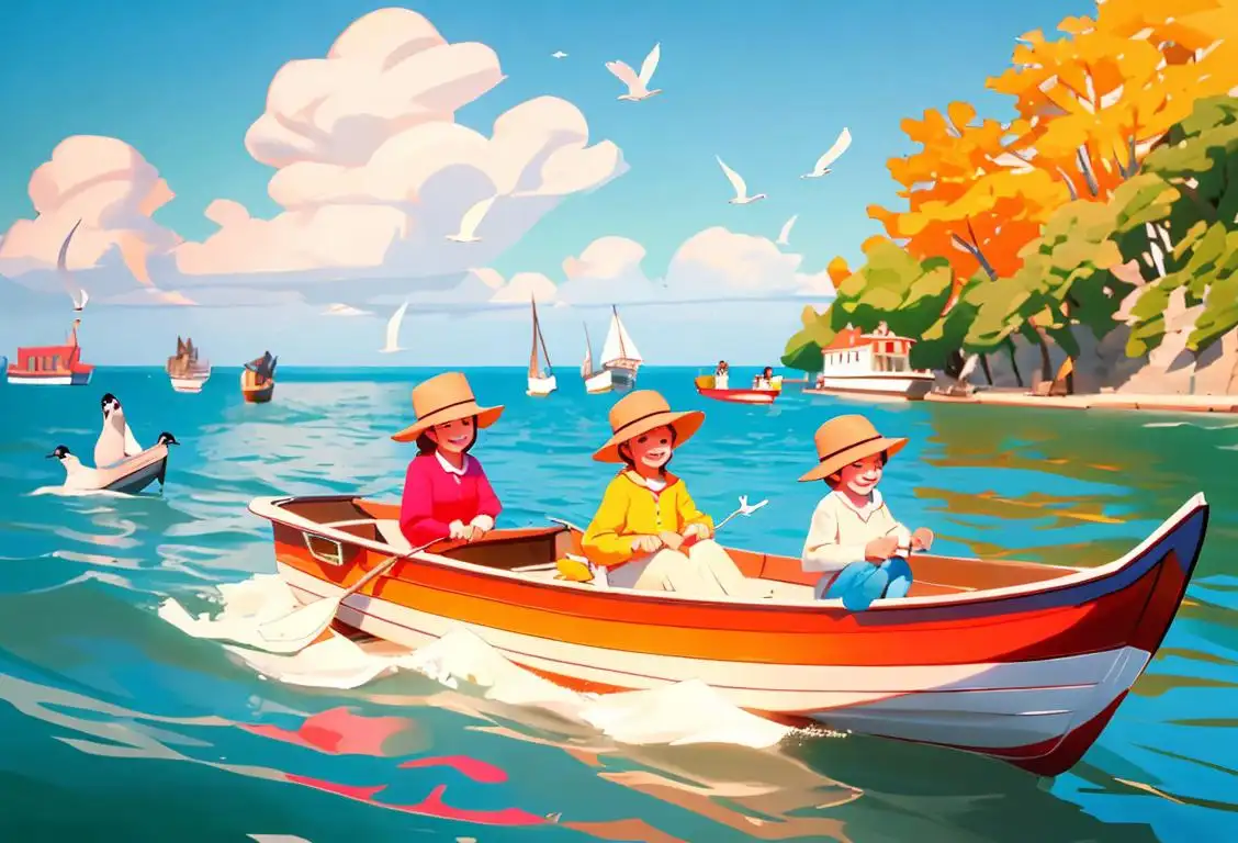 A family of smiling boaters in bright colored outfits, surrounded by the beautiful blue waters and a picturesque coastal scene with seagulls in the distance..