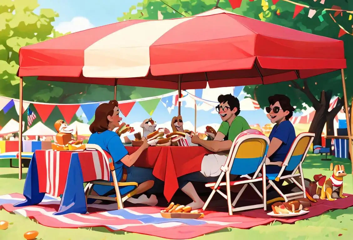 A joyful group of people at a outdoor picnic, each holding a hot dog with various toppings, surrounded by American flags and summer decorations..