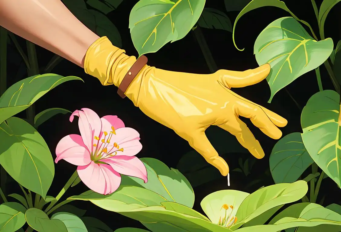 Person demonstrating thumb awareness by using thumb to hold a delicate flower, wearing gardening gloves, surrounded by lush greenery..