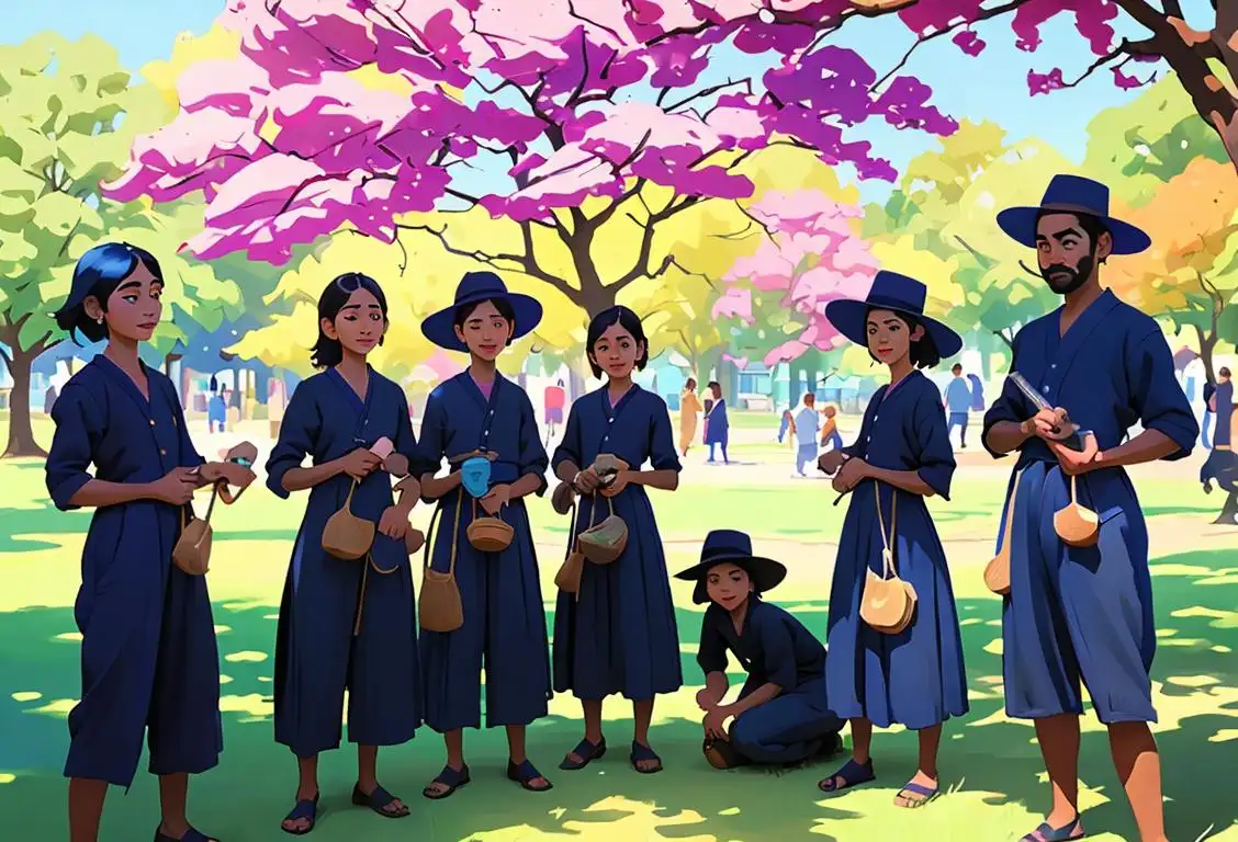 A group of friends in vibrant indigo outfits, with paintbrushes in hand, creating an indigo masterpiece in a sunny park..