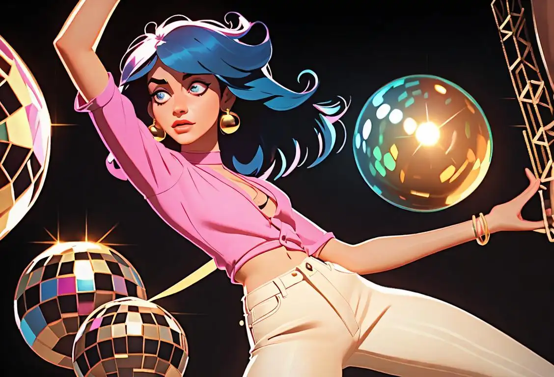 Young woman with bell bottoms, rocking a bohemian style, dancing under a disco ball..