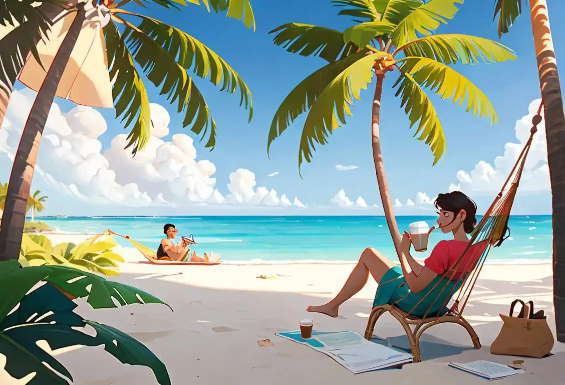 A worker in casual attire, sipping coffee by a beach, surrounded by palm trees and a hammock..