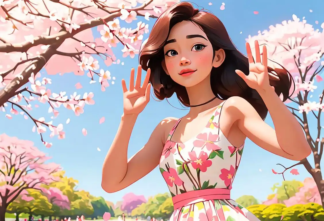 Young woman giving a delicate wave, wearing a floral sundress, sunny park setting with cherry blossoms..