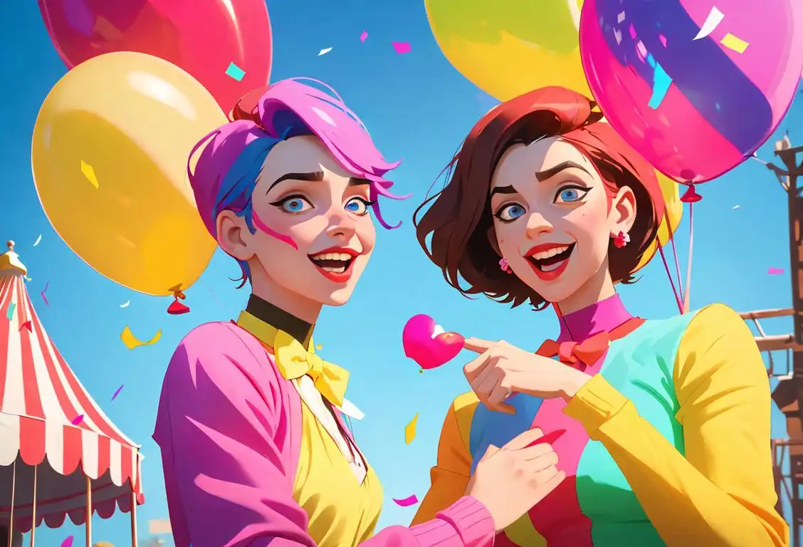 Young couple playfully holding colorful balloons, wearing stylish, vibrant outfits reminiscent of a circus, joyful celebration setting with confetti..