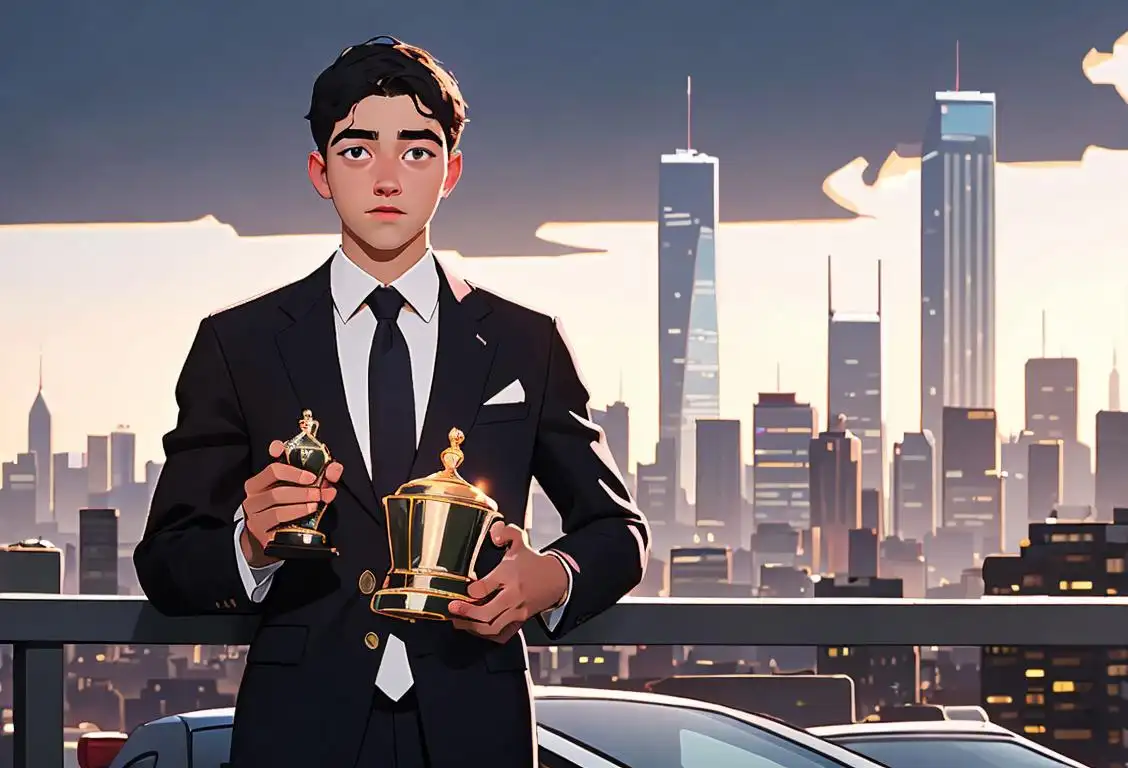 Young achiever, holding a trophy, dressed in professional attire, surrounded by a city skyline..