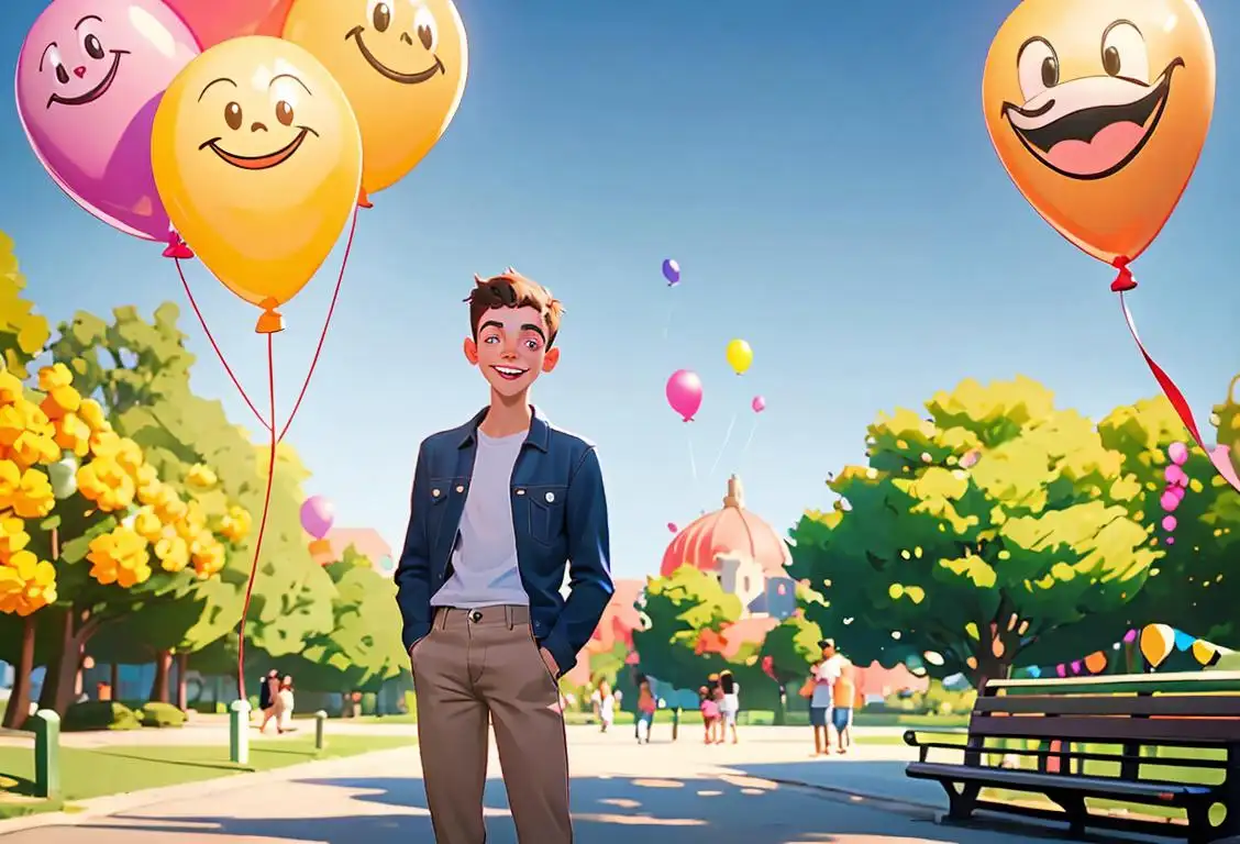 Young man wearing casual attire, holding out a smiley face balloon, standing in a park surrounded by friendly strangers..