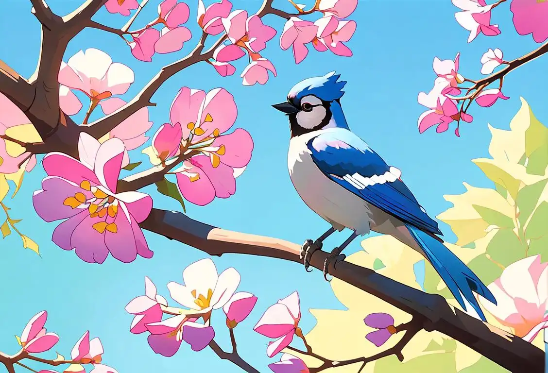 Cartoon drawing of a blue jay perched on a tree branch, surrounded by colorful flowers and a bright sunny sky..