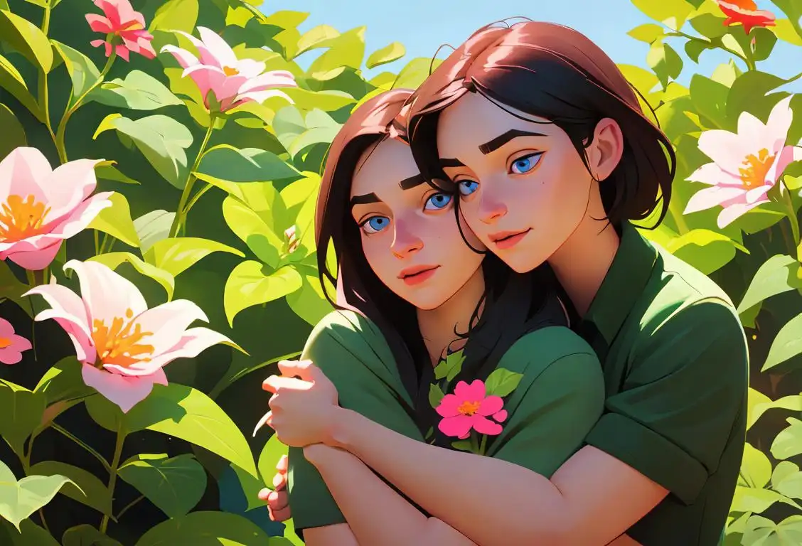 Two friends sharing a warm hug, dressed in casual attire, amidst a picturesque outdoor setting, surrounded by lush greenery and blooming flowers..