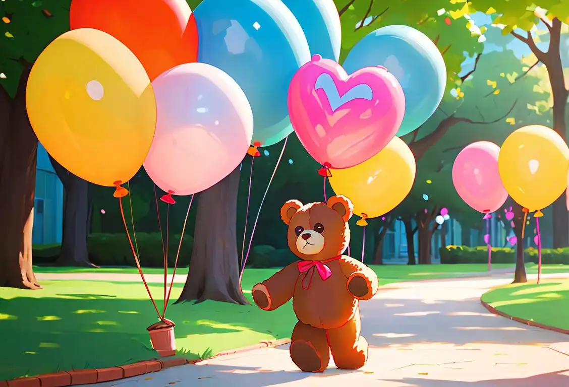 Child holding teddy bear tightly while walking through a whimsical park, both wearing matching outfits, surrounded by colorful balloons..