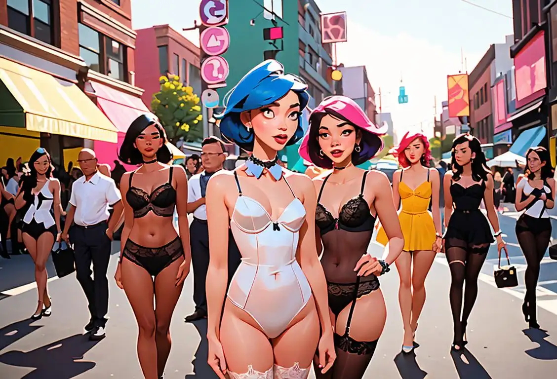 A diverse group of people confidently showcasing a variety of vibrant, stylish lingerie sets in a trendy urban setting, spreading body positivity and self-expression..